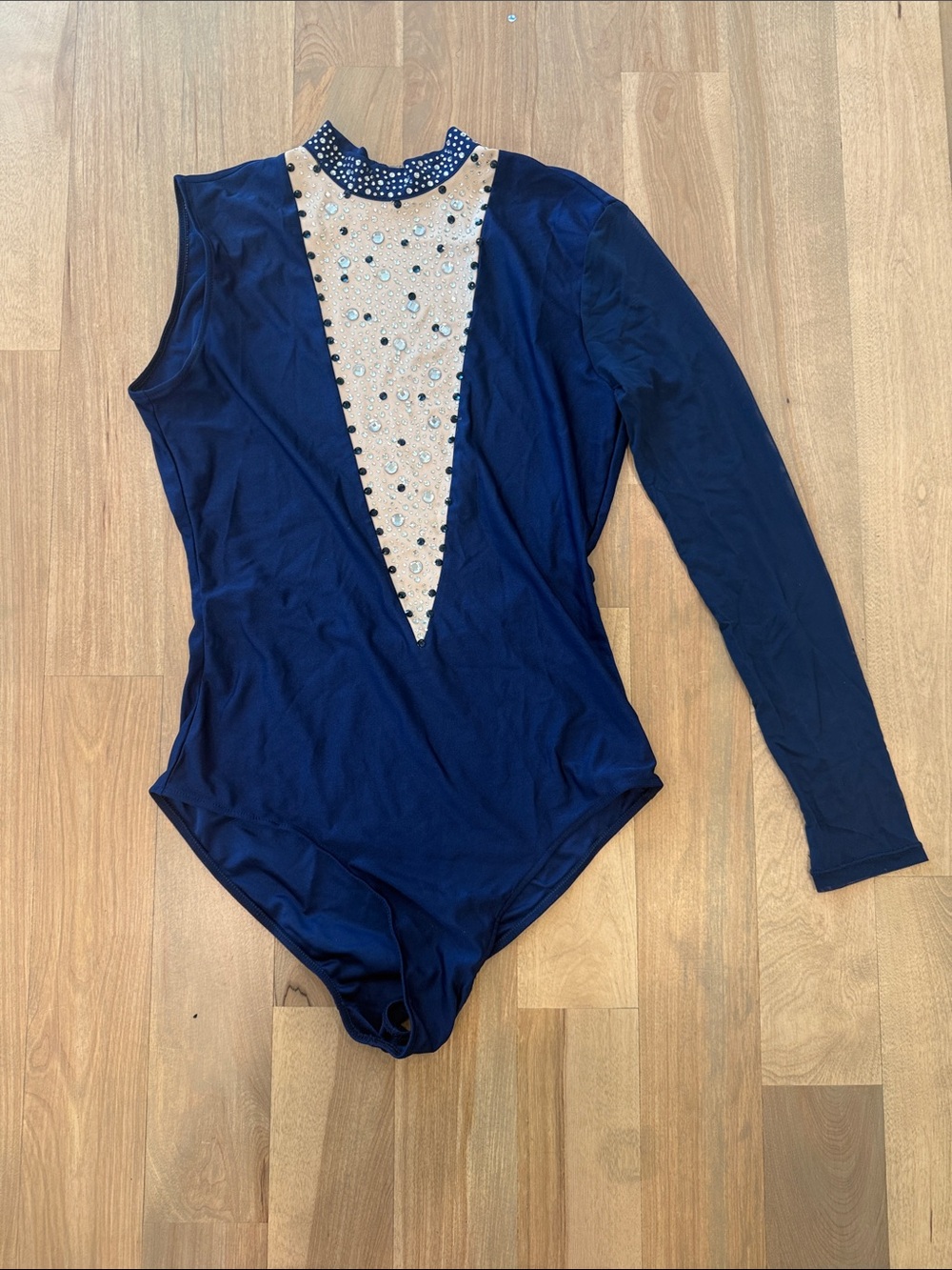 Navy Blue One-Sleeve Leotard with Rhinestone Mesh V-Panel